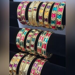 20 Beautiful Gold Metal Indian Bangles With Colorful Enamel Made in India - NWT